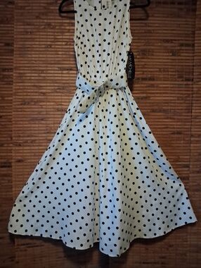 VINTAGE 90'S DEADSTOCK MY MICHELLE WHITE / BLACK POLKA DOT FULL SKIRT MIDI DRESS
